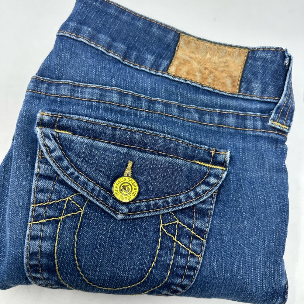 True Religion Women's Straight Leg Jeans in Blue with Yellow Stitching